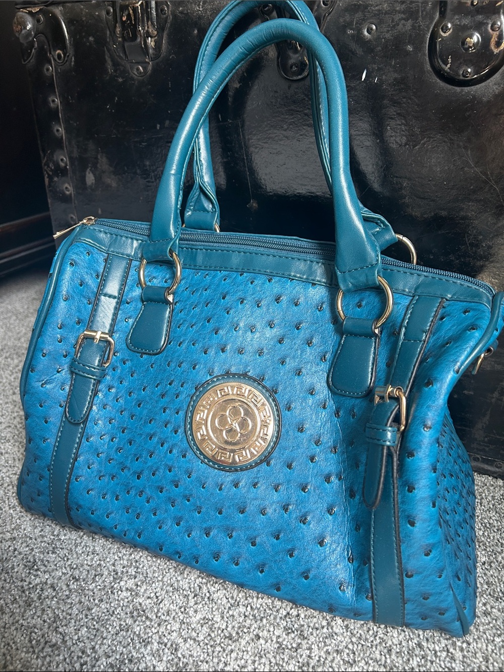 Teal Ostrich-Effect Satchel Tote with Gold Medallion